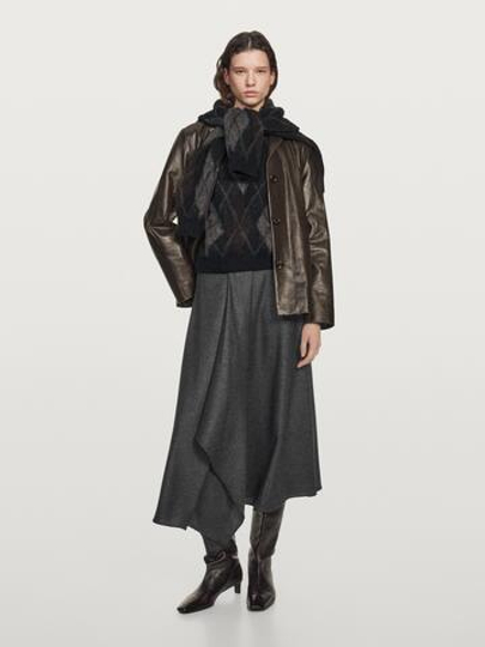 Massimo Dutti Расклешенная юбка миди из смесовой шерсти со складками, серый