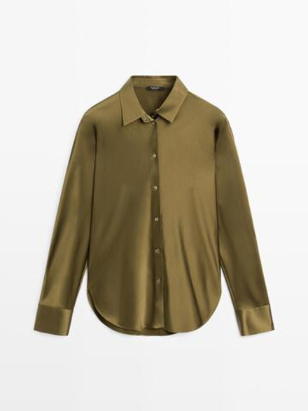 Massimo Dutti Атласная рубашка с рукавами «летучая мышь», зеленый