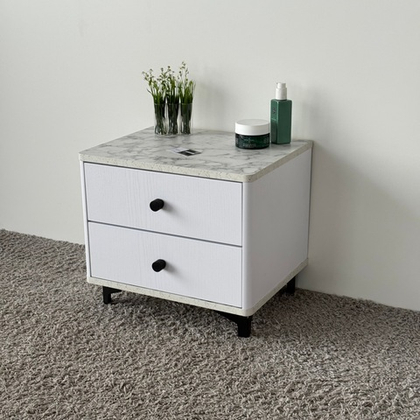 Тумба прикроватная на ножках с ящиками ROYAL 5303 эко (Мрамор Каррара-Черный-р.черная)