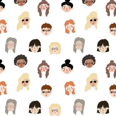 Бесшовный паттерн с женскими лицами. Аватарки девушек разного возраста, разных рас с разными прическами.