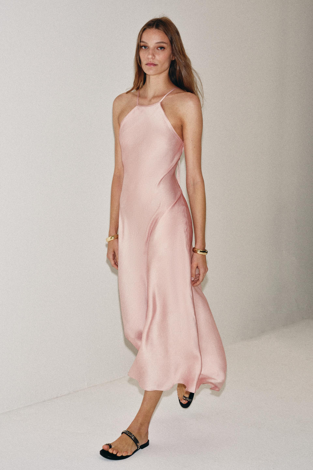 ZARA АТЛАСНОЕ ПЛАТЬЕ ХАЛТЕР ZW COLLECTION, РОЗОВЫЙ
