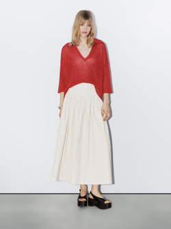 Massimo Dutti Свитер из ажурного трикотажа с воротником-поло - Studio, терракотовый