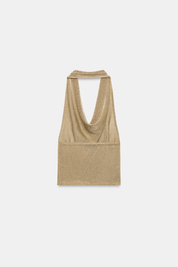 ZARA ТРИКОТАЖНЫЙ ТОП ХАЛТЕР С БЛЕСТЯЩЕЙ НИТЬЮ, ЗОЛОТИСТЫЙ