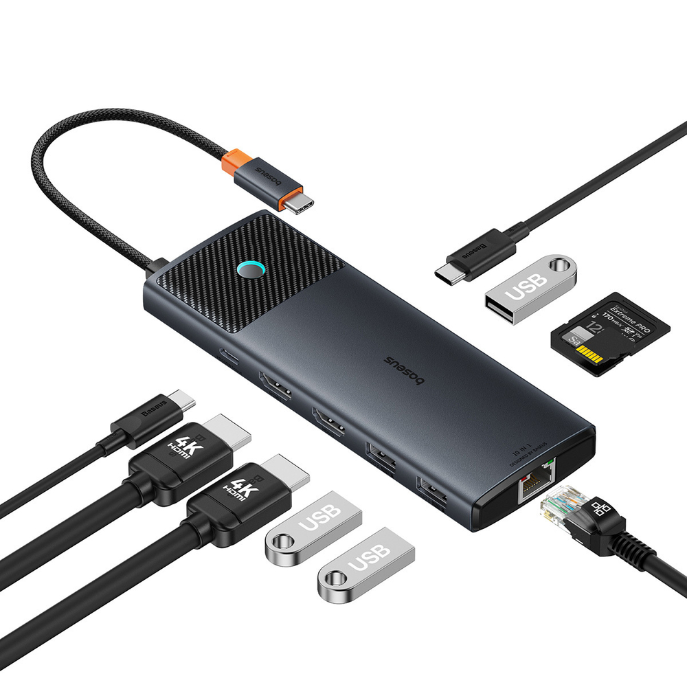 USB-C Хаб Baseus Metal Gleam II 10-in-1 (HDMI4K@120Hz + HDMI4K@60Hz + USB-A3.2(10Gbps) + USB-C3.2(10Gbps) + 2xUSB-A2.0 + RJ45 + SD + TF + USB-C-PD) - Cosmic Black