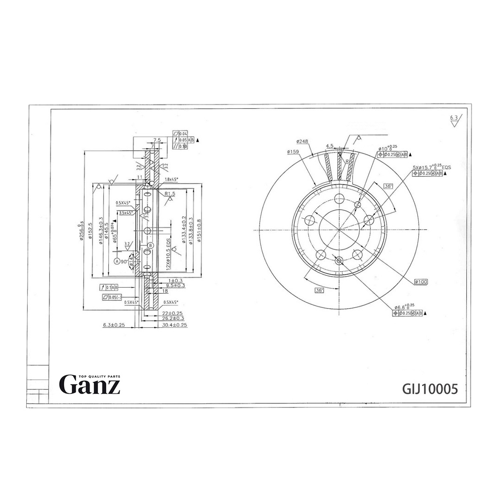 Диск тормозной GANZ передний с покрытием VAG AUDI A3 / VW G4 1.6 Арт.: GIJ10005