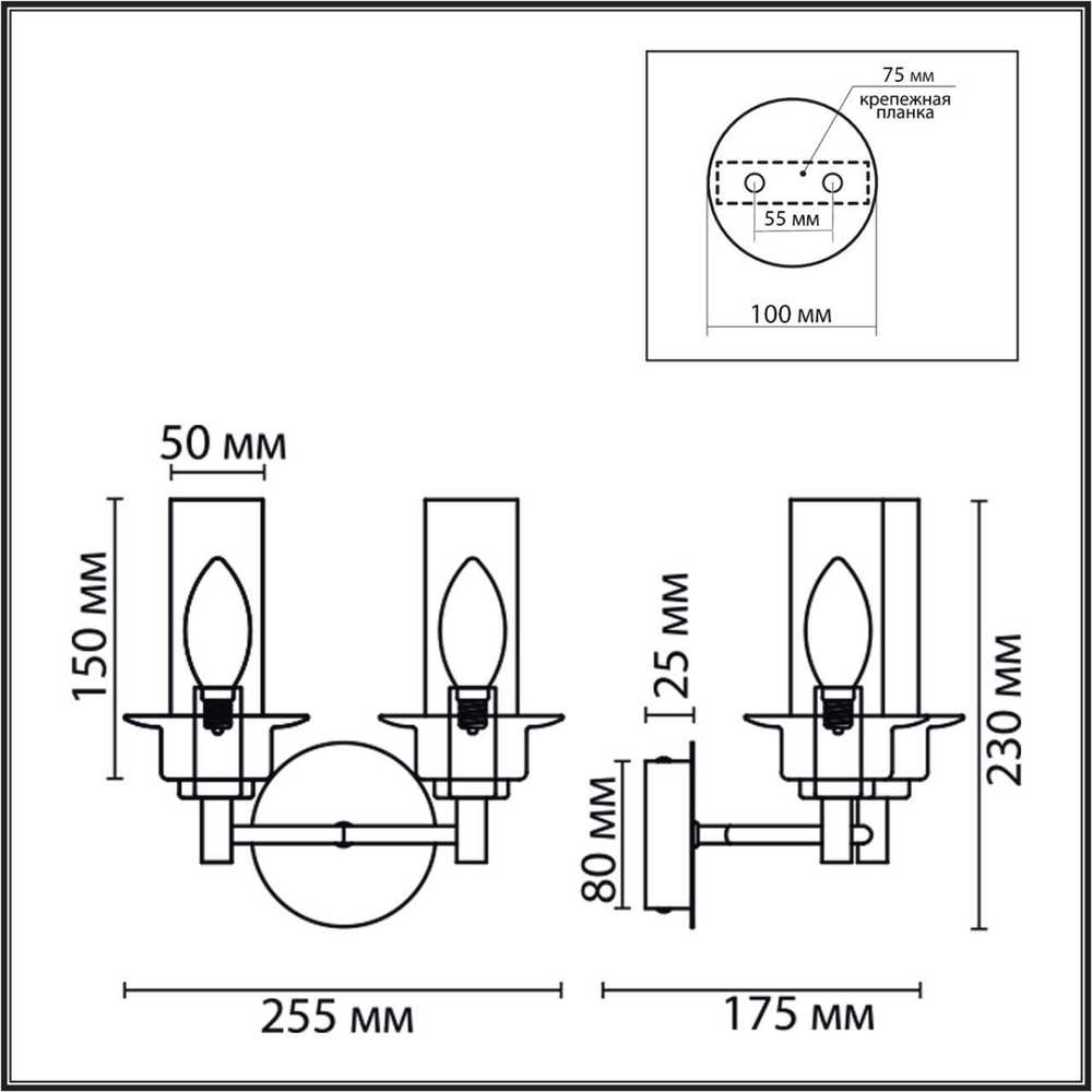 6555/2W CLASSI LN25 29 черный/дымчатый/металл/стекло Бра E14 2*40W 220V MADONNA