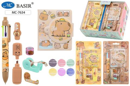 Блокнот 83*70мм клеевой кор. "Капибара" лин, на кнопке + ручка+текстмаркер+2скотча