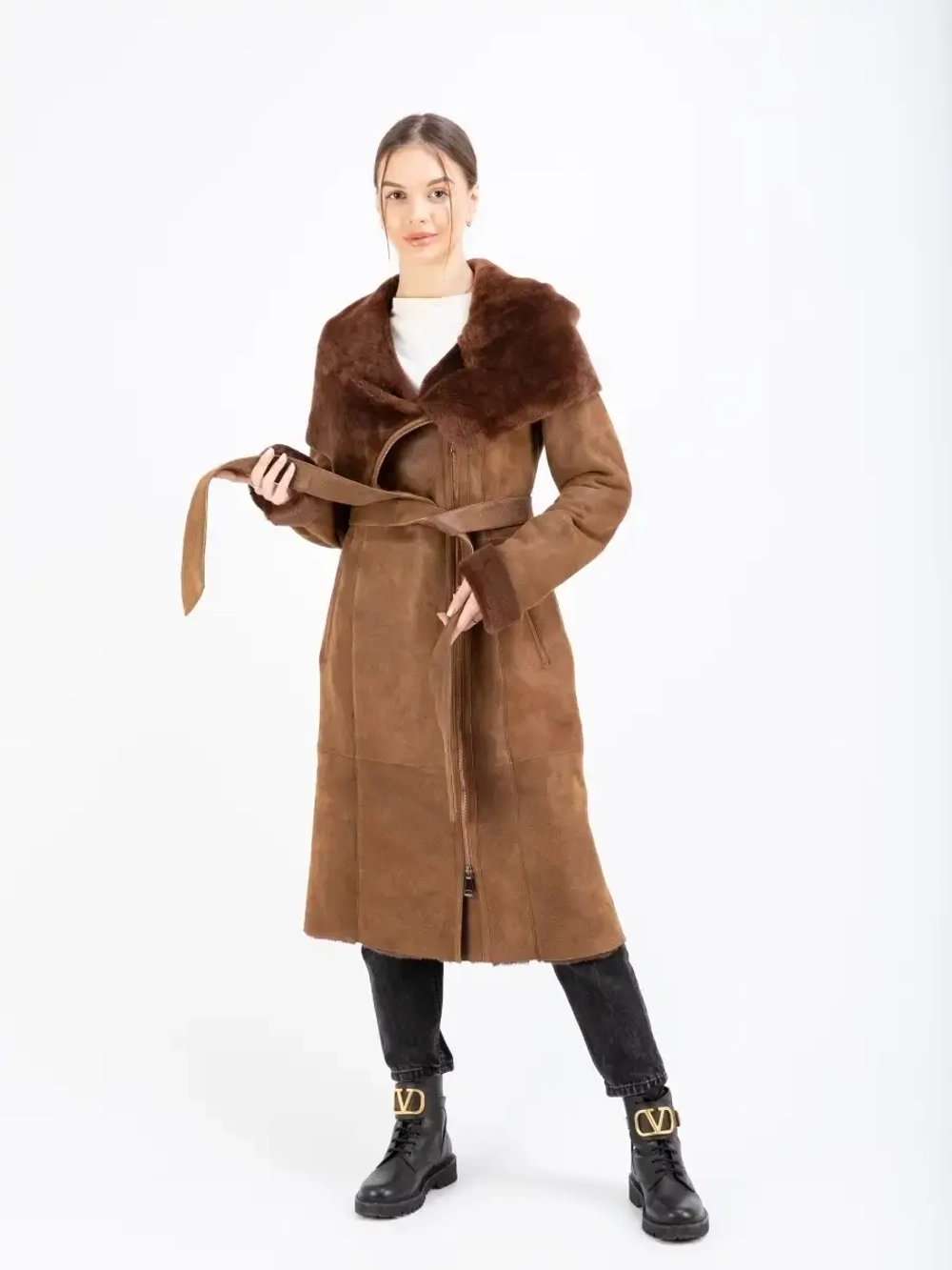 Дубленка женская натуральная длинная с капюшоном Турция