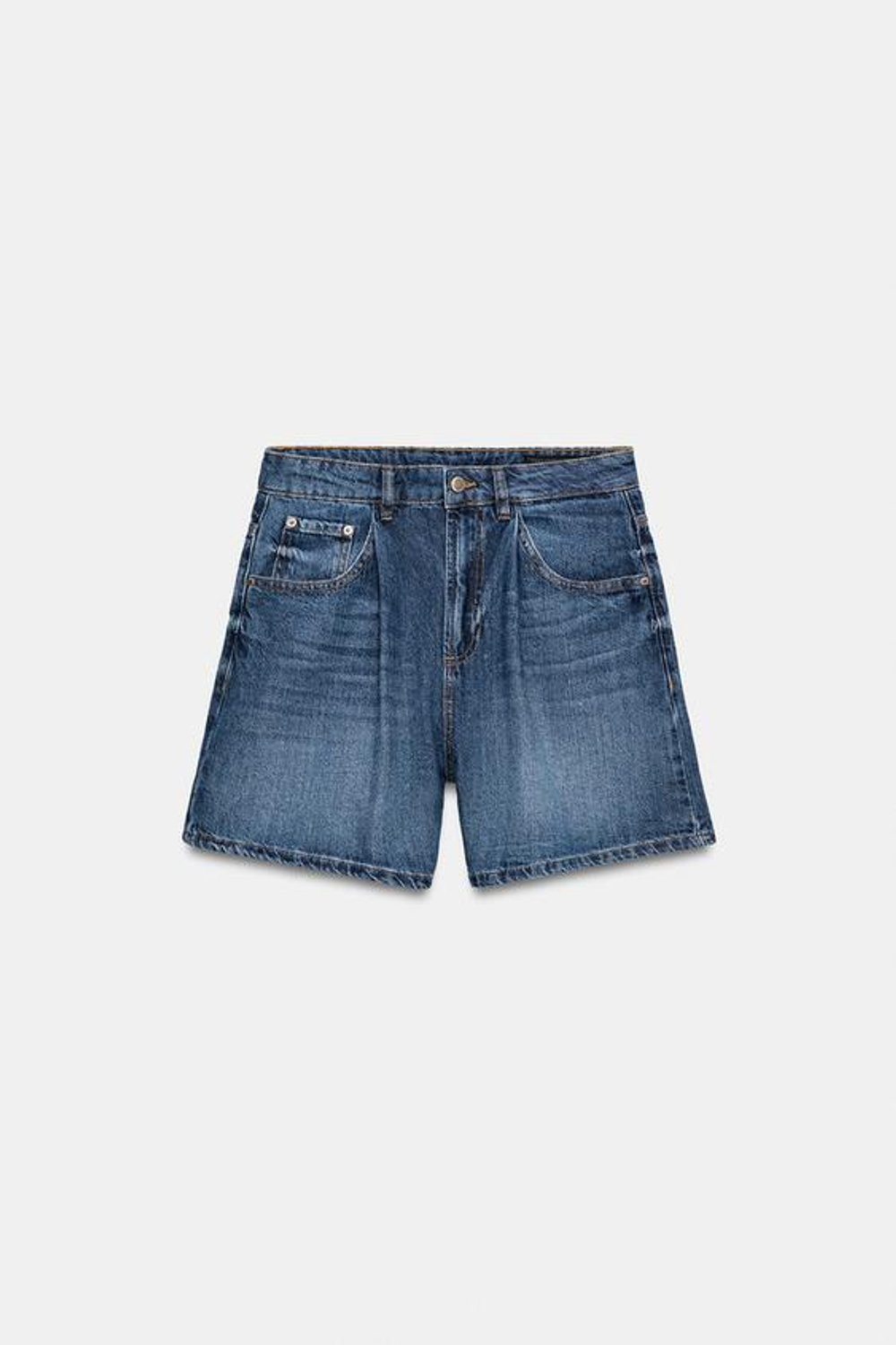 ZARA ДЖИНСОВЫЕ ШОРТЫ С ВЫСОКОЙ ПОСАДКОЙ, СИНИЙ