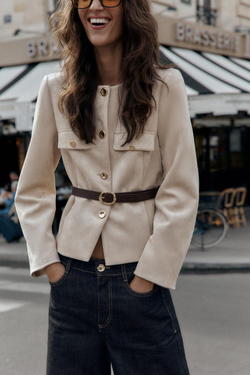 ZARA БЛЕЙЗЕР ИЗ ИСКУССТВЕННОЙ ЗАМШИ С ПОЯСОМ, ПЕСОЧНЫЙ