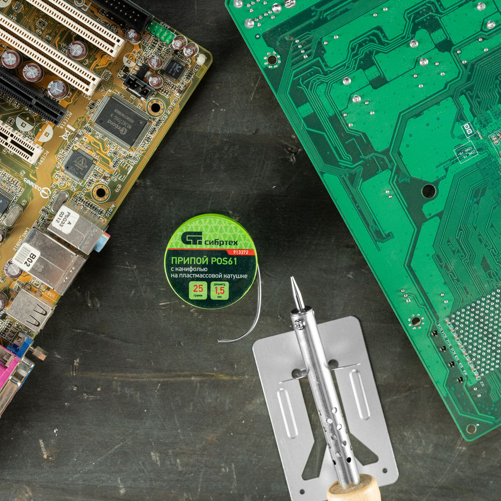 Припой с канифолью, D 1.5 мм, 25 г, POS61, на пластмассовой катушке Сибртех 913372