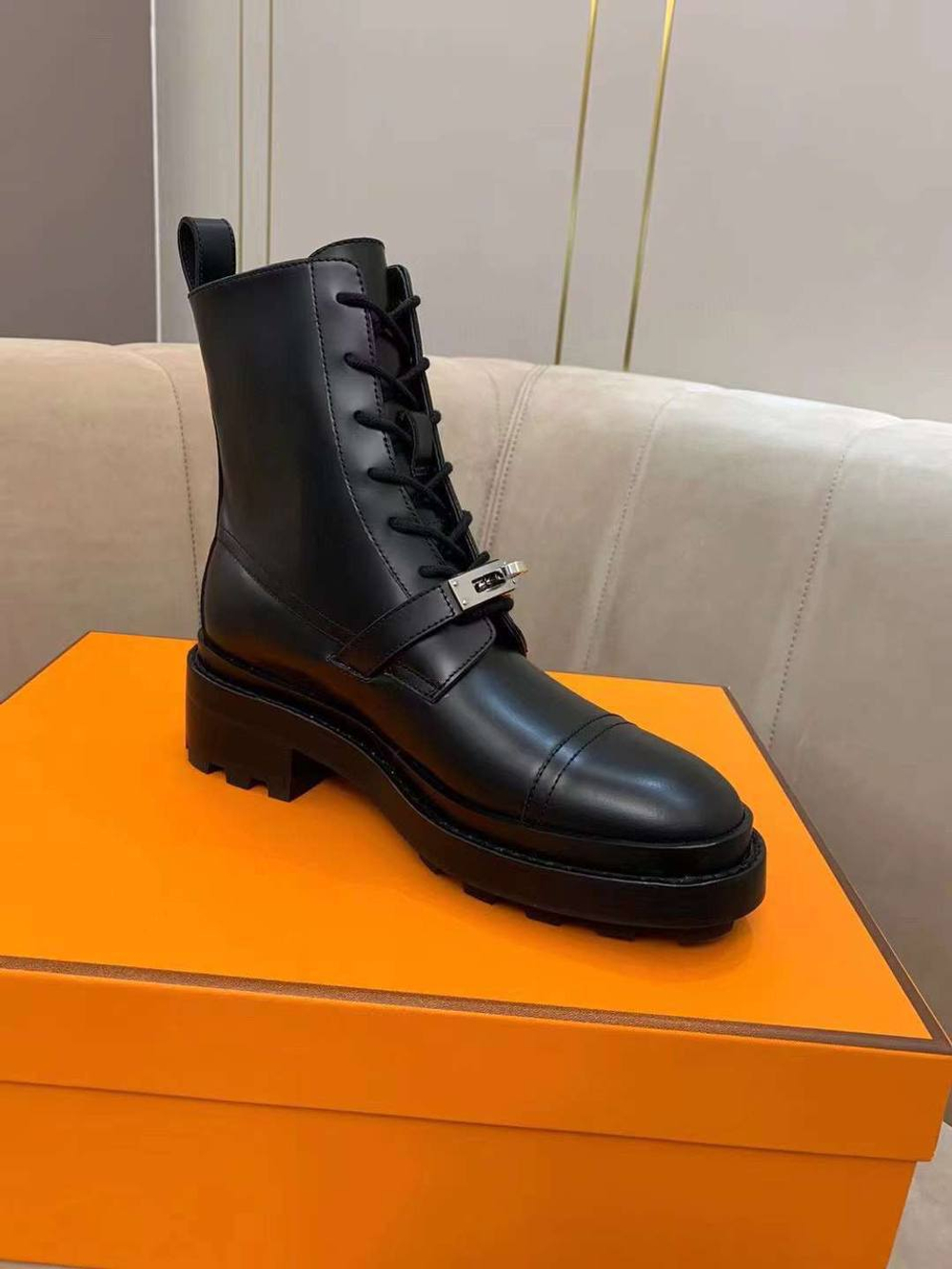 Женские ботинки Hermes Funk кожаные в черном цвете