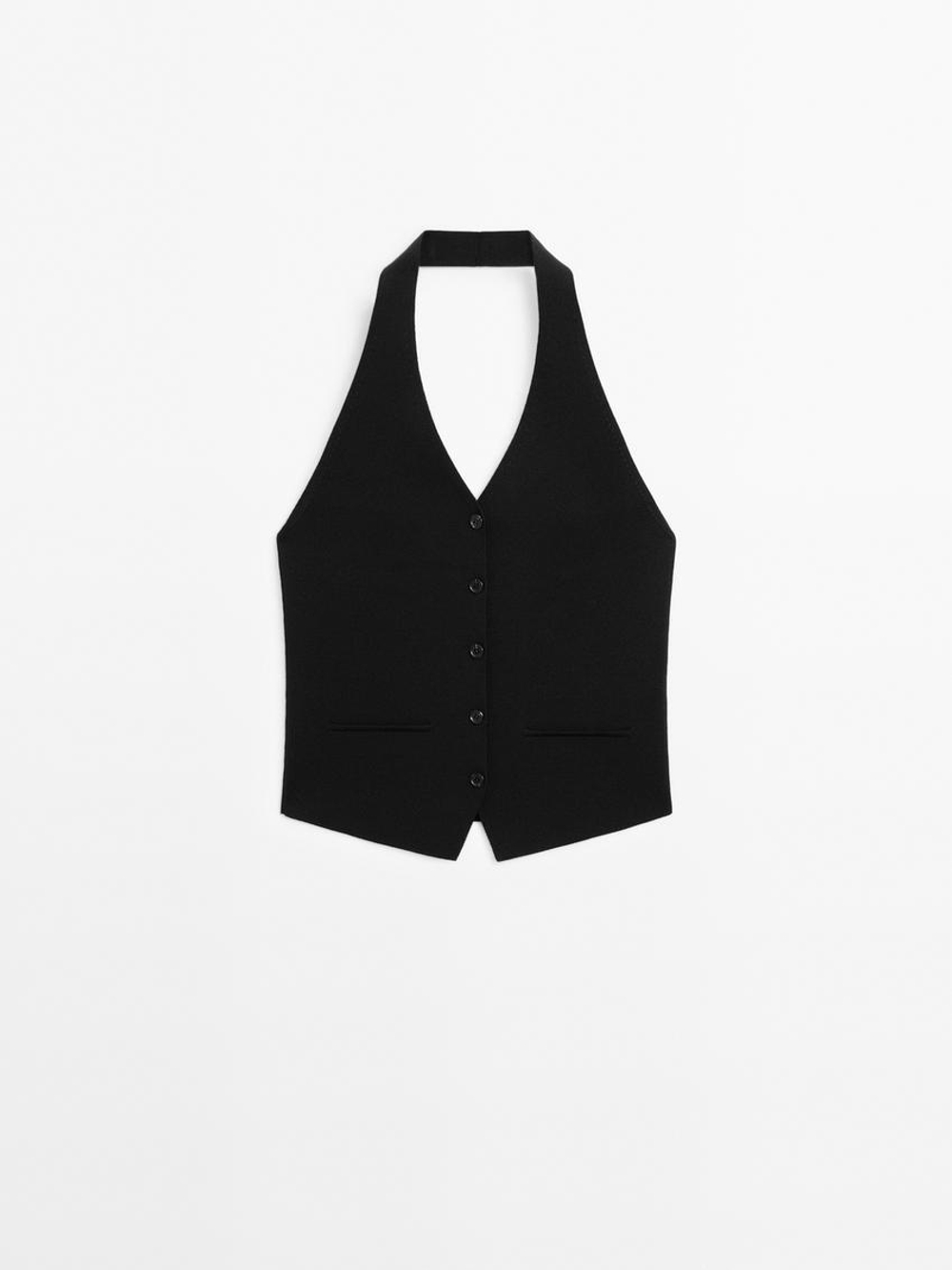 Massimo Dutti Вязаный жилет с воротником-халтер, черный