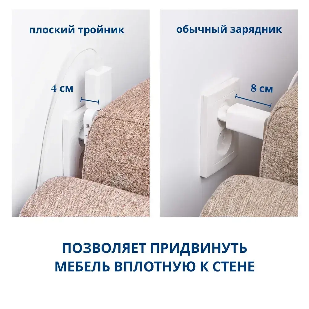 Тройник плоский поворотный для розетки, разветвитель 180 градусов 2 шт, переходник
