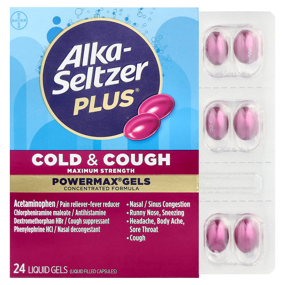 Alka-Seltzer Plus, Гели от простуды и кашля PowerMax, максимальная эффективность, 24 жидких геля