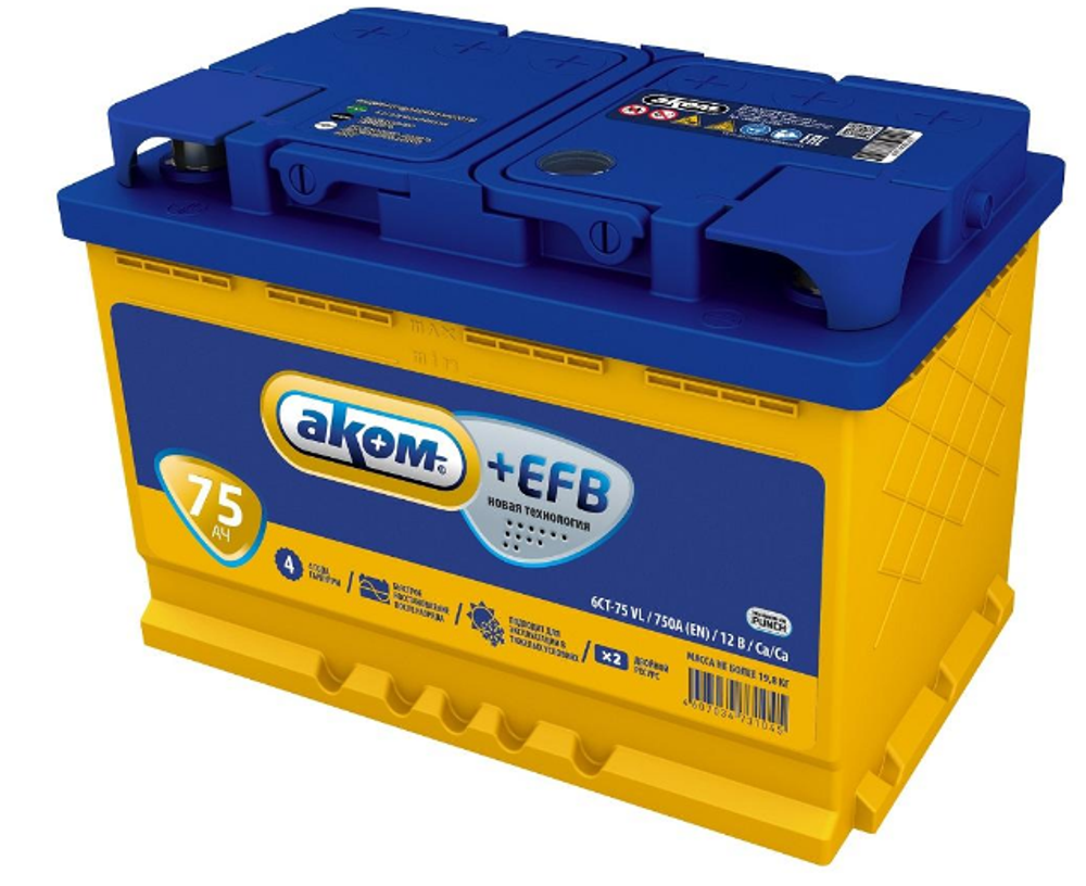 Аккумулятор 6СТ-75 А.ч., о.п., R+, АКОМ +EFB