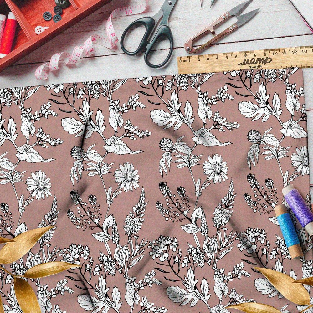 Ткань интерлок белые ромашки на коричневом фоне