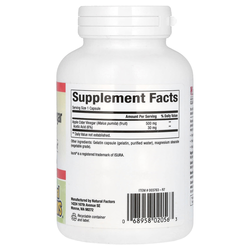 Natural Factors, ферментированный яблочный уксус, 500 мг, 180 капсул, которые легко глотать