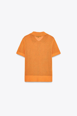 ZARA ОДНОТОННЫЙ ТРИКОТАЖНЫЙ ТОП С ВОРОТНИКОМ ПОЛО, ОРАНЖЕВЫЙ