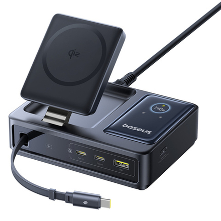 Зарядное устройство Baseus NOMOS 5-in-1 Desktop Charger Qi2 15W Wireless Charging+Retractable Cable 3C+U 140W (MagSafe)