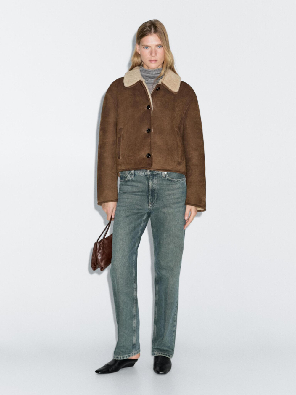 Massimo Dutti Короткая кожаная куртка с отделкой из овчины, цвет верблюжьей шерсти