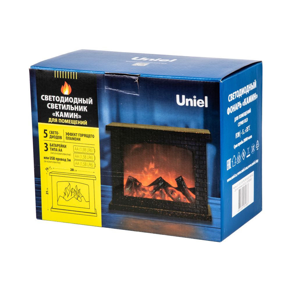 ULD-L2821-005-DNC-RED BLACK FIREPLACE Светильник светодиодный Камин с эффектом пламени. питание от батареек 3АА не в-к или USB в-к. 28х21см. 5 светодиодов. Корпус черный. TM Uniel