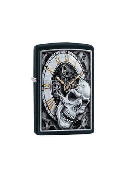 Зажигалка Zippo Skull Clock Design с покрытием Black Matte, латунь/сталь, чёрная, матовая, 36x12x56