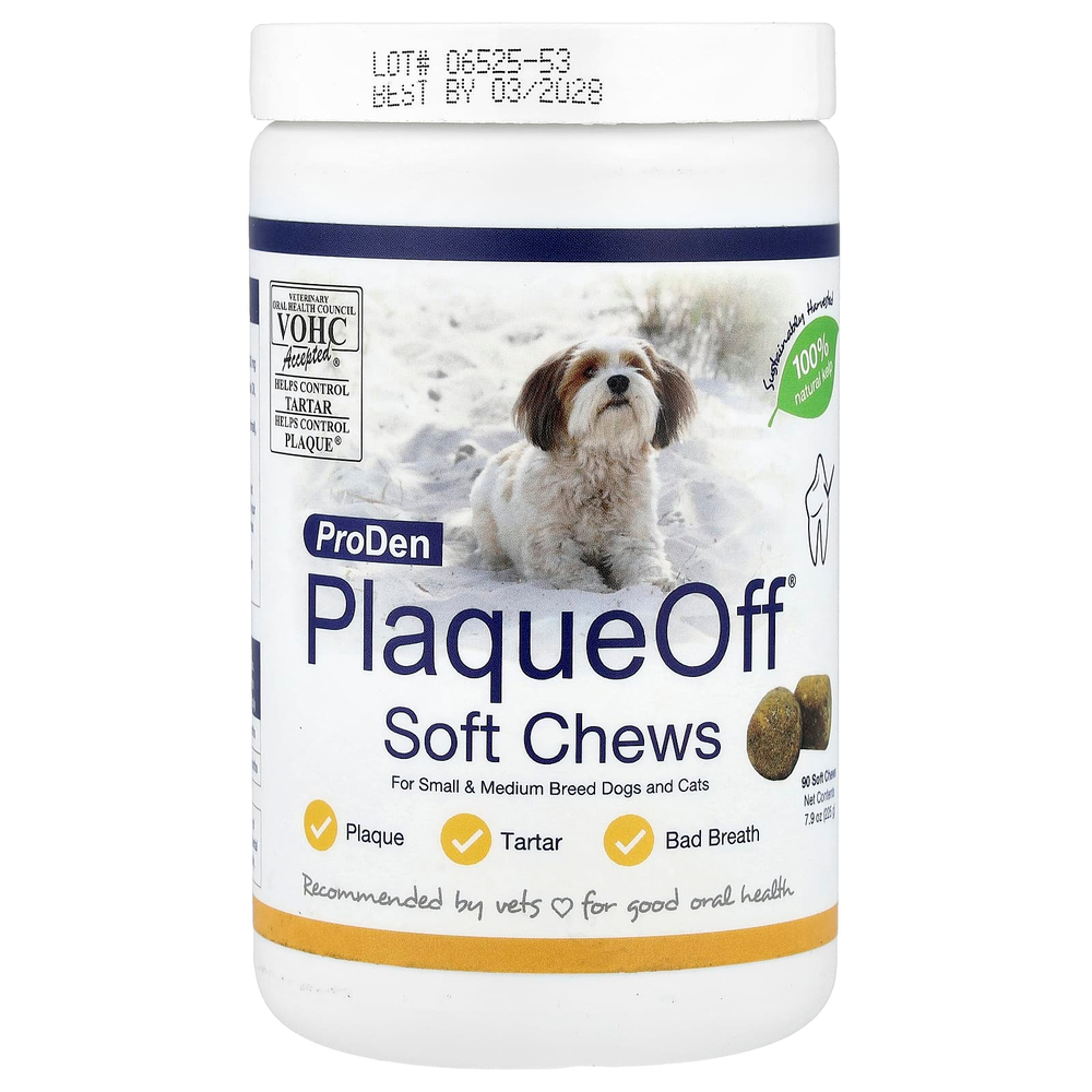 ProDen, PlaqueOff®, жевательные таблетки, для собак и кошек мелких и средних пород, 90 жевательных таблеток, 225 г (7,9 унции)