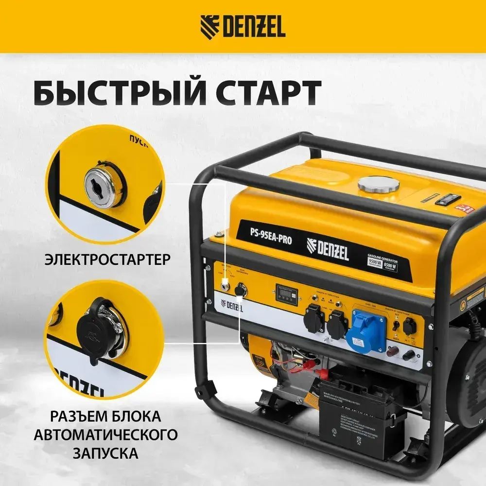 Генератор бензиновый DENZEL PS-95EA-PRO, 9.5 кВт мощность и 485 см3 объем двигателя, 40 л объем топливного бака, электростарт и блок AVR, 3 розетки и выход USB 5 В, силовые клеммы, 946935