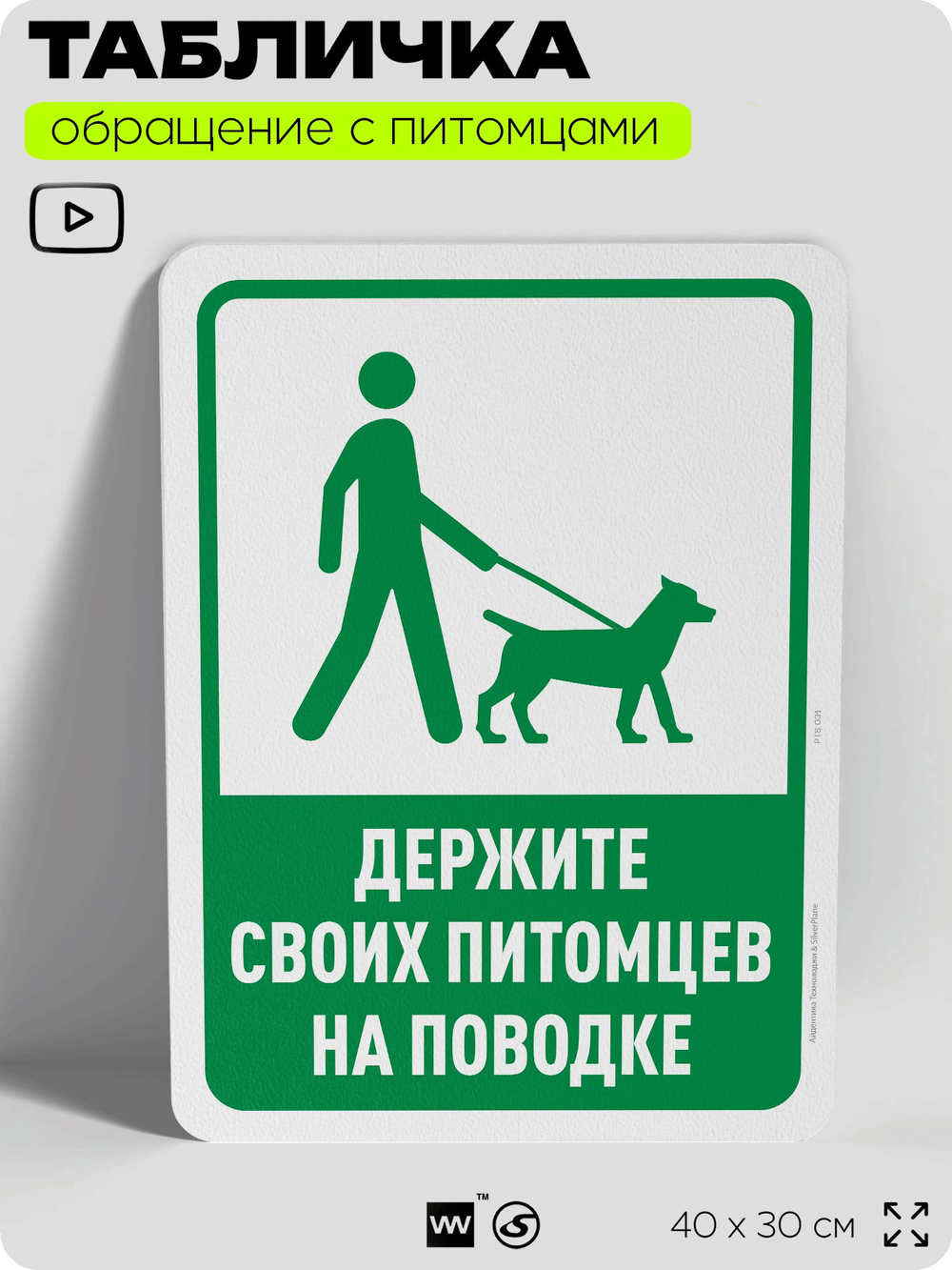 Табличка "Держите своих питомцев на поводке" на дверь и забор, для двора, дома, подъезда, 40х30 см, Silver Plane x Айдентика Технолоджи