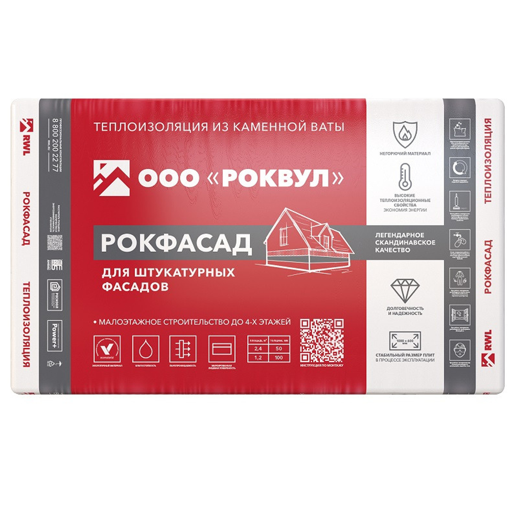 Базальтовая вата Роквул Рокфасад 1000х600х50 мм 4 плиты в упаковке