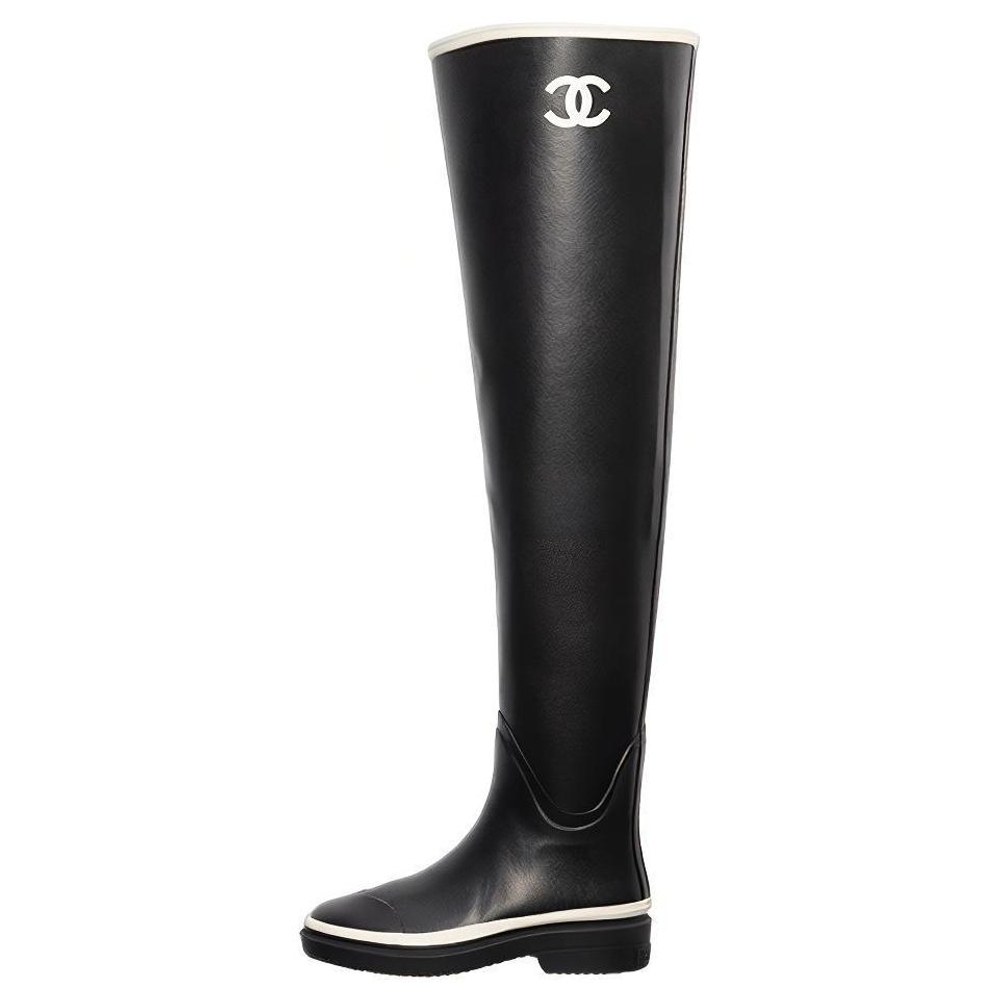CHANEL Thigh High Rubber Rain Boots Black Women"s