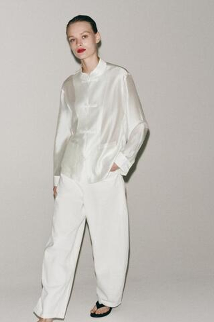 ZARA АТЛАСНАЯ РУБАШКА С ЗАСТЕЖКОЙ НА ПЕТЛИ ZW COLLECTION, БЕЛЫЙ