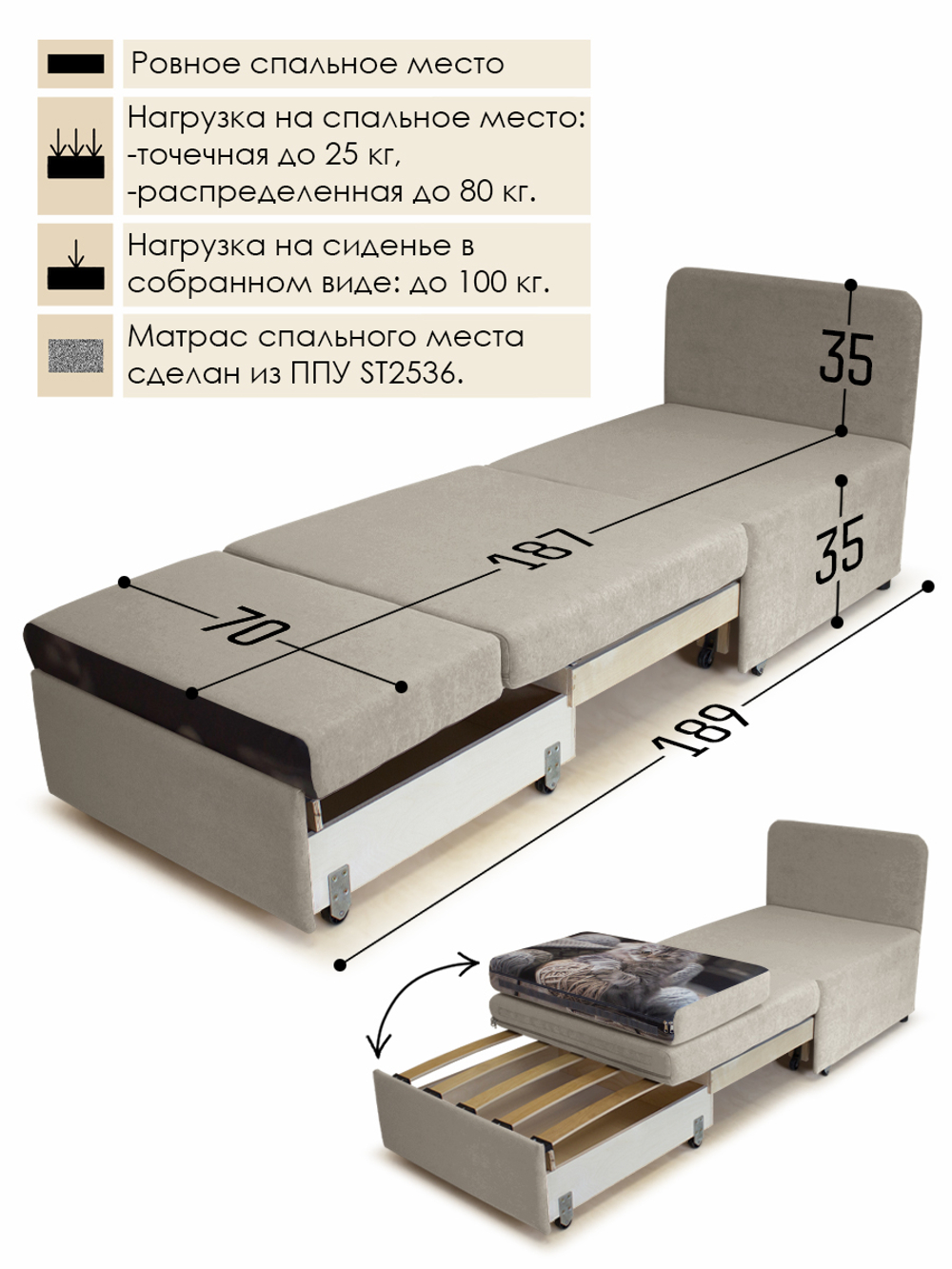 Кресло-кровать "Миник" 70 см, купон Котенок в клубках
