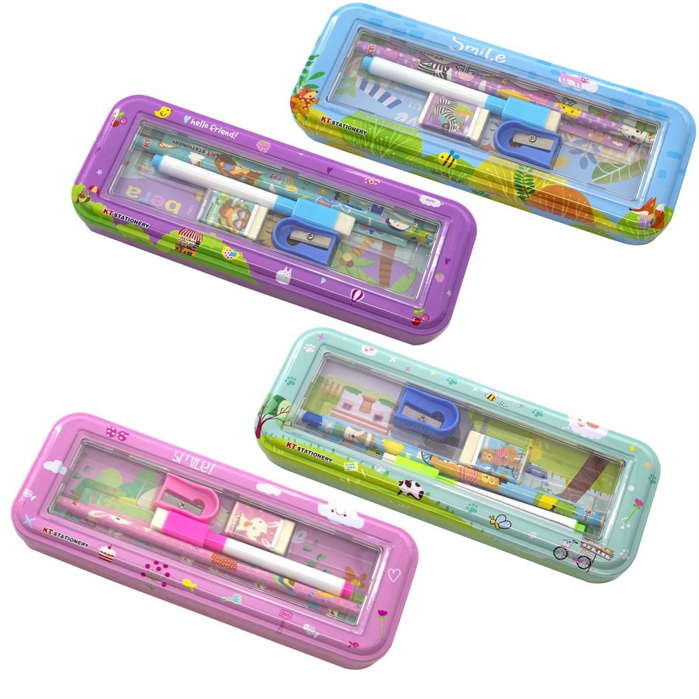 Пенал с наполнением, металлический 2 отделения Alingar, линейка 15 см, 1 ч/г каран, 1 точил, 1 ласт, 1 флом, 75 х 210 мм, "Hello friend", ассорти