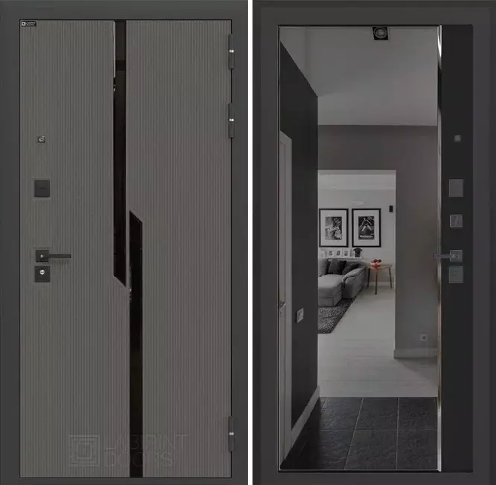 Входная металлическая дверь CARBON (Карбон) с зеркалом Панорама Фацет Кварц черный / Графит Лофт