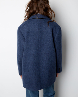 Пальто-жакет из шерсти елочка темно-синий