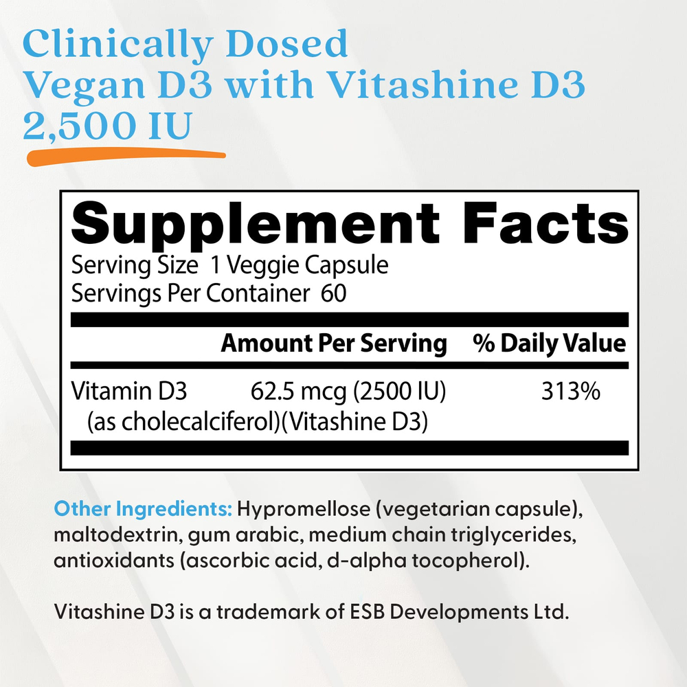 Doctor's Best, веганский витамин D3 с Vitashine D3, 2500 МЕ, 60 вегетарианских капсул