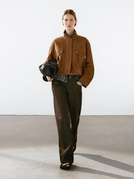 Massimo Dutti Куртка-бомбер из замши, коньячный