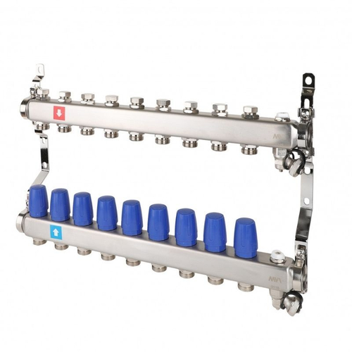 Блок коллекторный MVI из нержавеющей стали DN 25-9 выходов G 3/4, без расходомеров, с дренажным краном и воздухоотводчиком, евроконус, MS.609.06