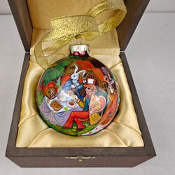 Шар новогодний с круговой росписью Палех "Алиса в стране чудес-4" в футляре