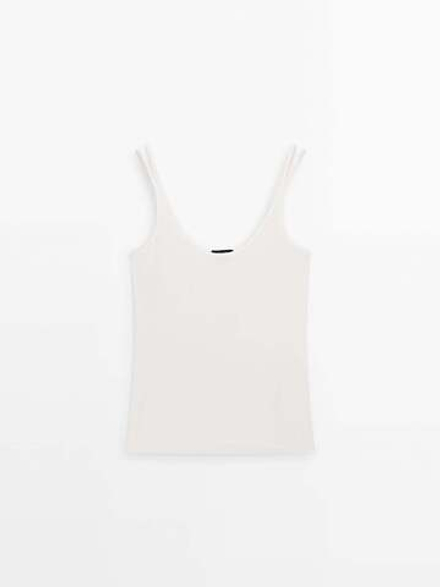 Massimo Dutti Топ в рубчик на двойных бретелях, натуральный, кремовый