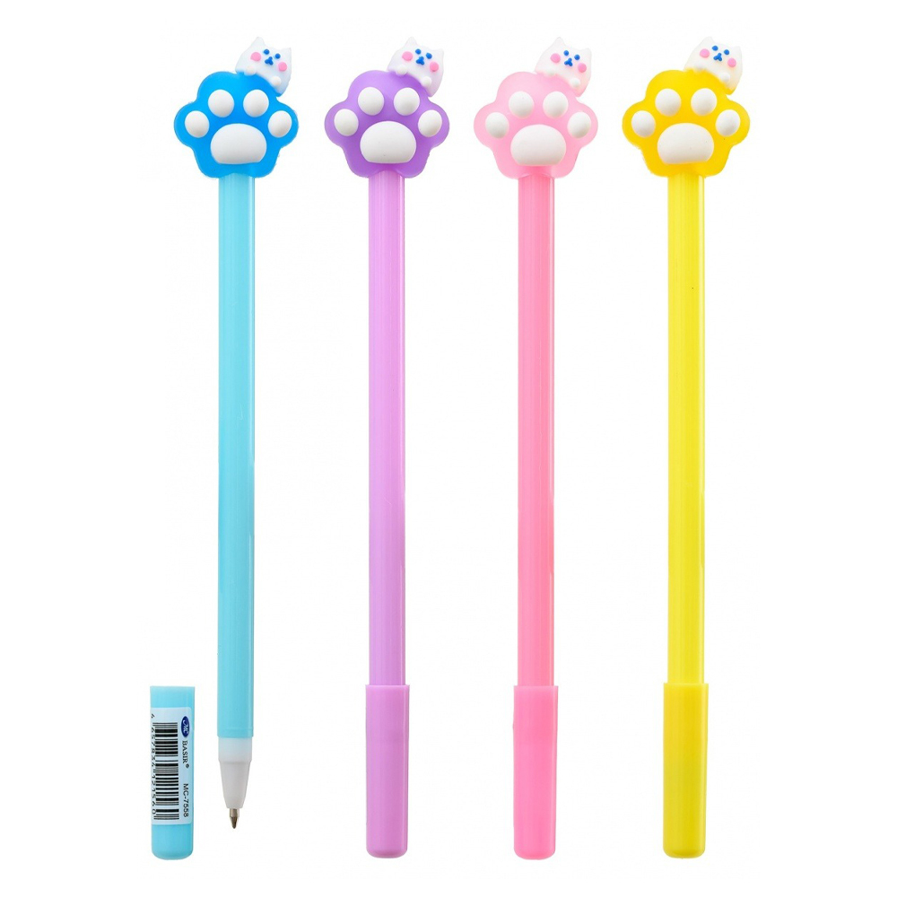 Ручка шариковая, Basir, синие чернила, серия "Лапка котёнок", с прорезиненной игрушкой, набор 12 шт