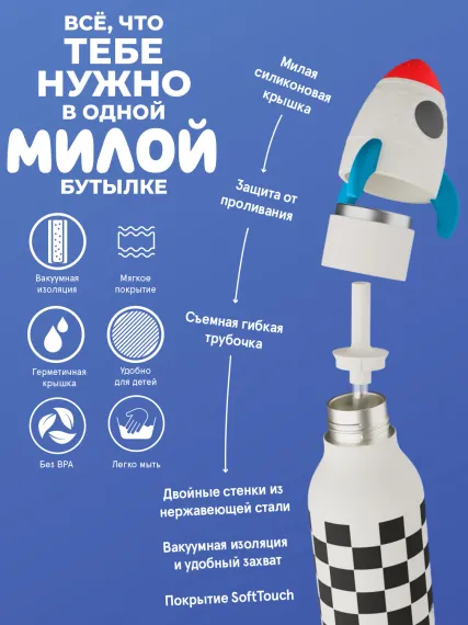 Бутылка для холодных и горячих напитков Asobu Bestie 460 мл, ракета