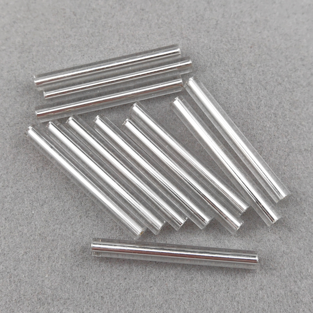 Стеклярус длинный прямой, прозрачный с внутренним серебрением