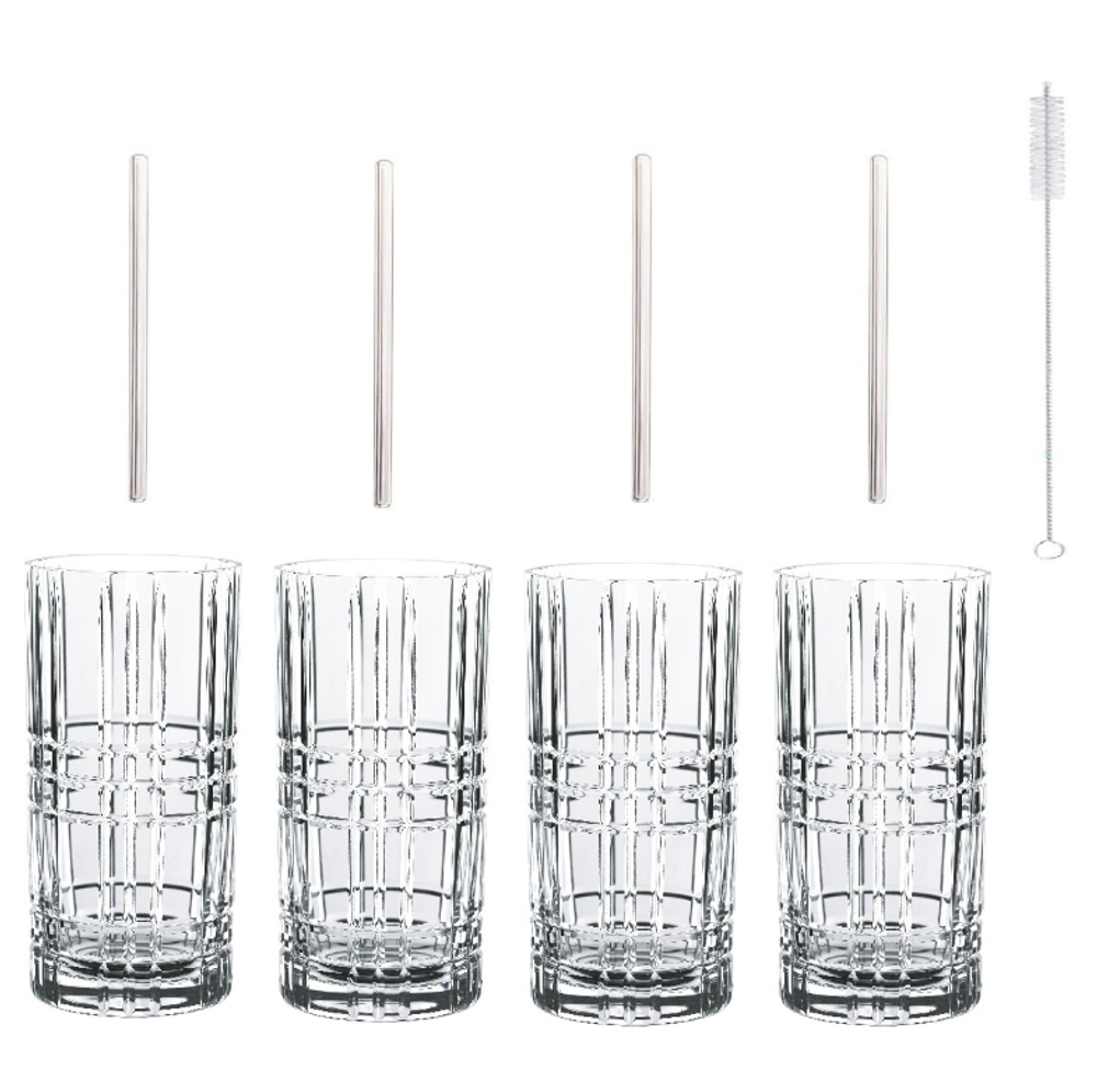 TASTES GOOD - Набор стаканов 4 шт. высоких 445 мл + 4 стеклянных трубочки + щеточка для чистки