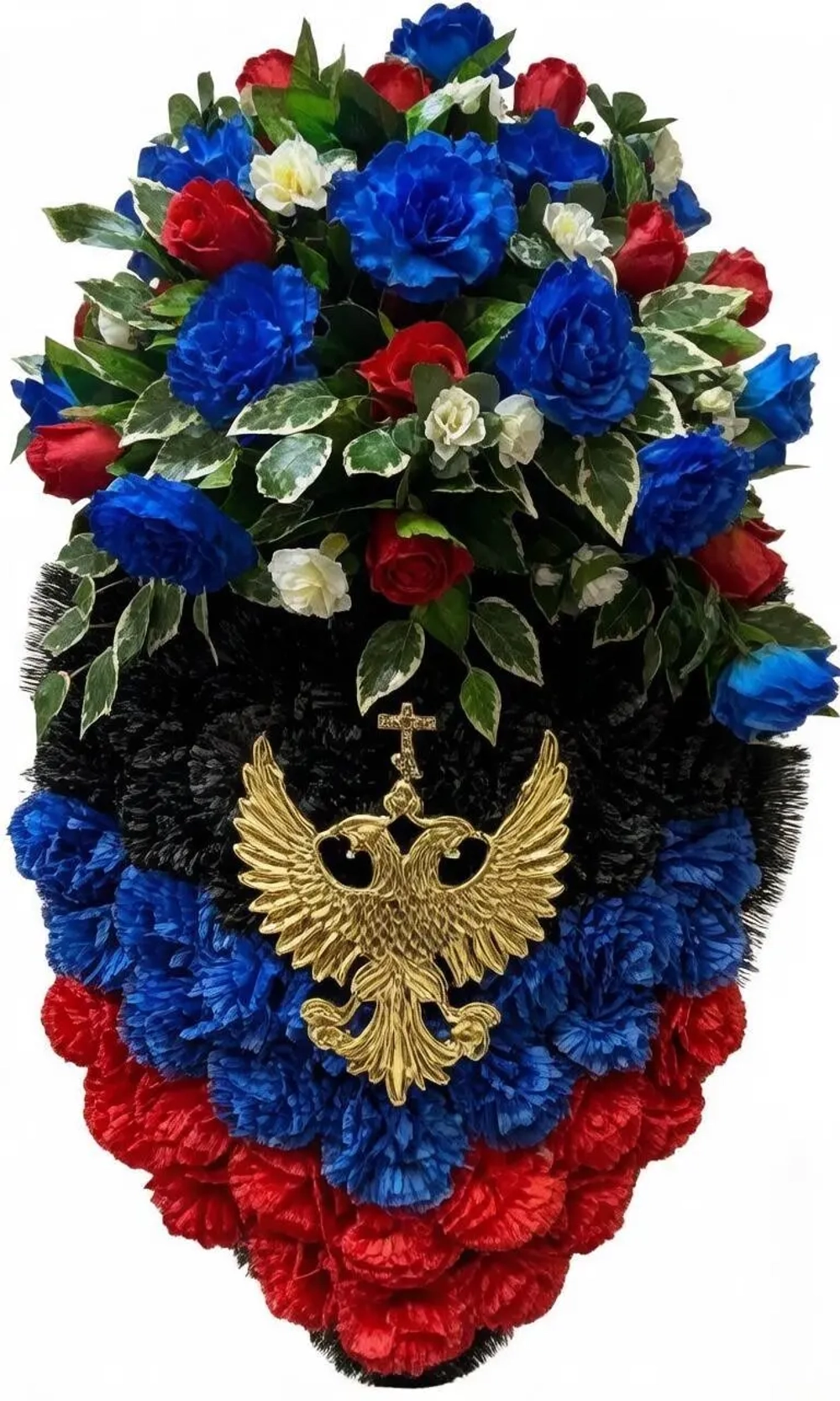 Искусственный ритуальный венок на возложение в цветах флага ДНР с двуглавым орлом и композицией из роз и хризантем внизу