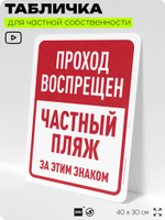 Табличка для частной территории "Проход воспрещен, частный пляж", на дом, для участка, организаций, предупреждающая, 40х30 см, Silver Plane x Айдентика Технолоджи