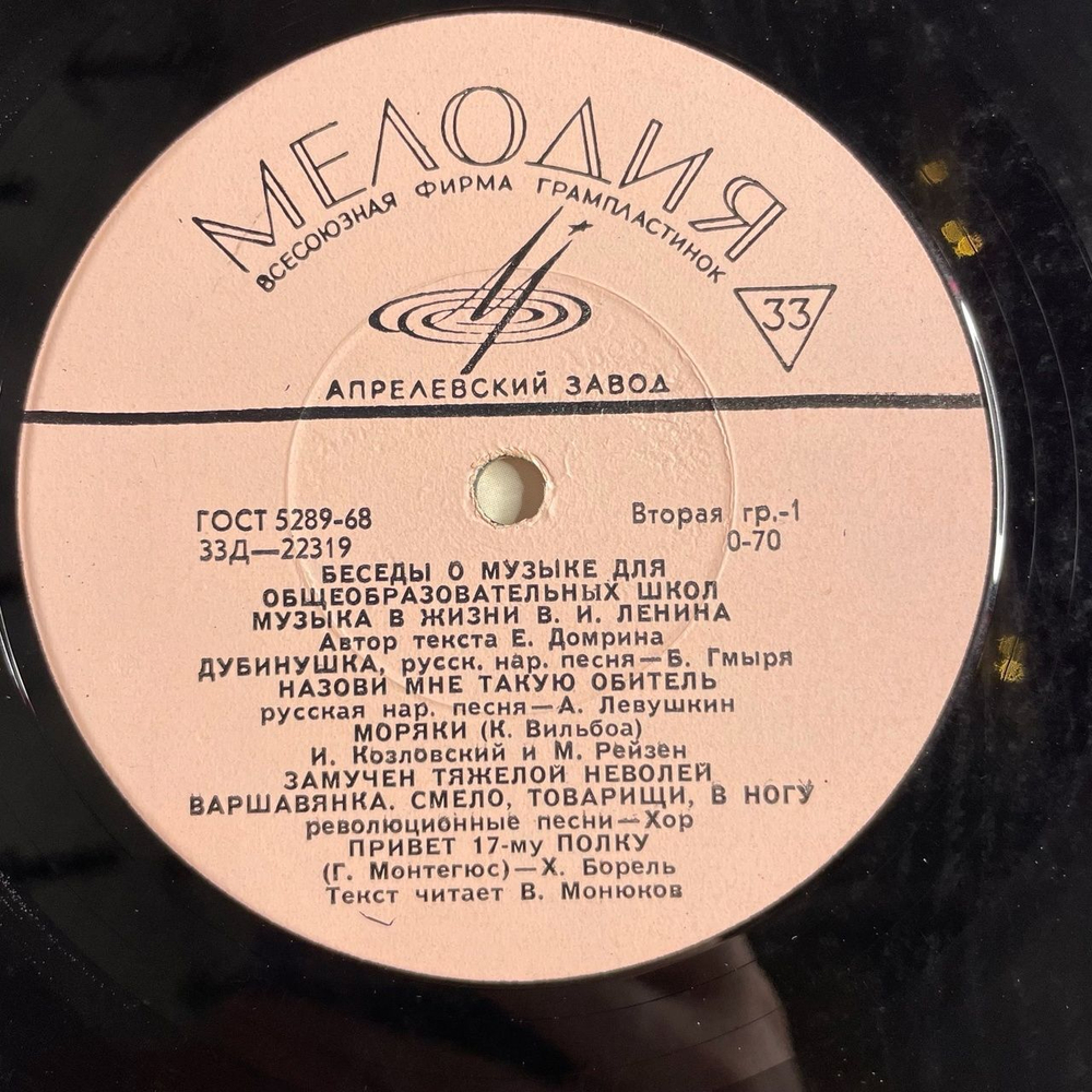Винтажная виниловая пластинка LP Музыка В Жизни В.И. Ленина (СССР 1968)
