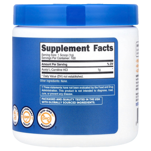 Nutricost, ацетил-L-карнитин гидрохлорид, без добавок, 100 г (3,6 унции)